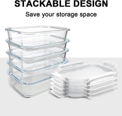 KAMOTA Glass Food Storage Containers, 10 Pack Glass Meal Prep Containers, Airtight Containers with Snap-Lock Lids, 22 oz Grey Container Set with Lids, for Microwave/Oven/Freezer/Dishwasher