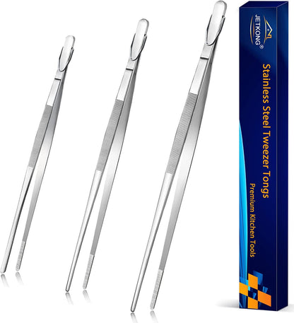 JETKONG 3 Pcs Extra Long Kitchen Tweezers 9 12 14 Inch Heavy Duty Stainless Steel Cooking Tweezers (Round Tips, Silver)