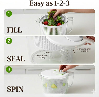 Cooler Kitchen Small Salad Spinner — Mini Lettuce Spinner and Dryer with Measuring Cup Bowl — Compact Veggie & Fruit Washer, Salad Dryer Spinner — Dishwasher Safe, BPA-Free