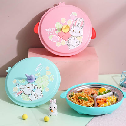 3 Compartment Portion Plate with Lid Heat Insulate Dinner Plate for Adults - Portion Control Divided Plates Tray 304 Stainless Steel Camping Plate