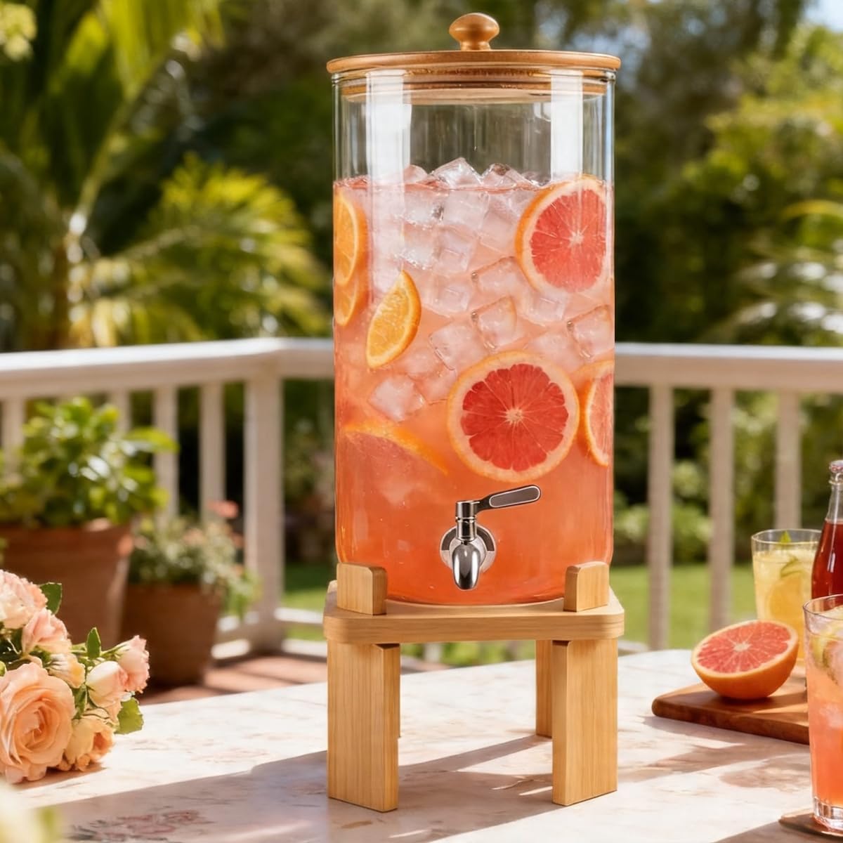 2.3 Gallon Large Glass Drink Dispenser for Parties, Glass Beverage Dispenser with Wood Stand, Juice & Lemonade Dispenser, Iced Beverage Dispenser with Spigot, Water Dispenser for Party with lid