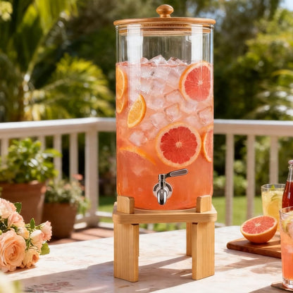 2.3 Gallon Large Glass Drink Dispenser for Parties, Glass Beverage Dispenser with Wood Stand, Juice & Lemonade Dispenser, Iced Beverage Dispenser with Spigot, Water Dispenser for Party with lid