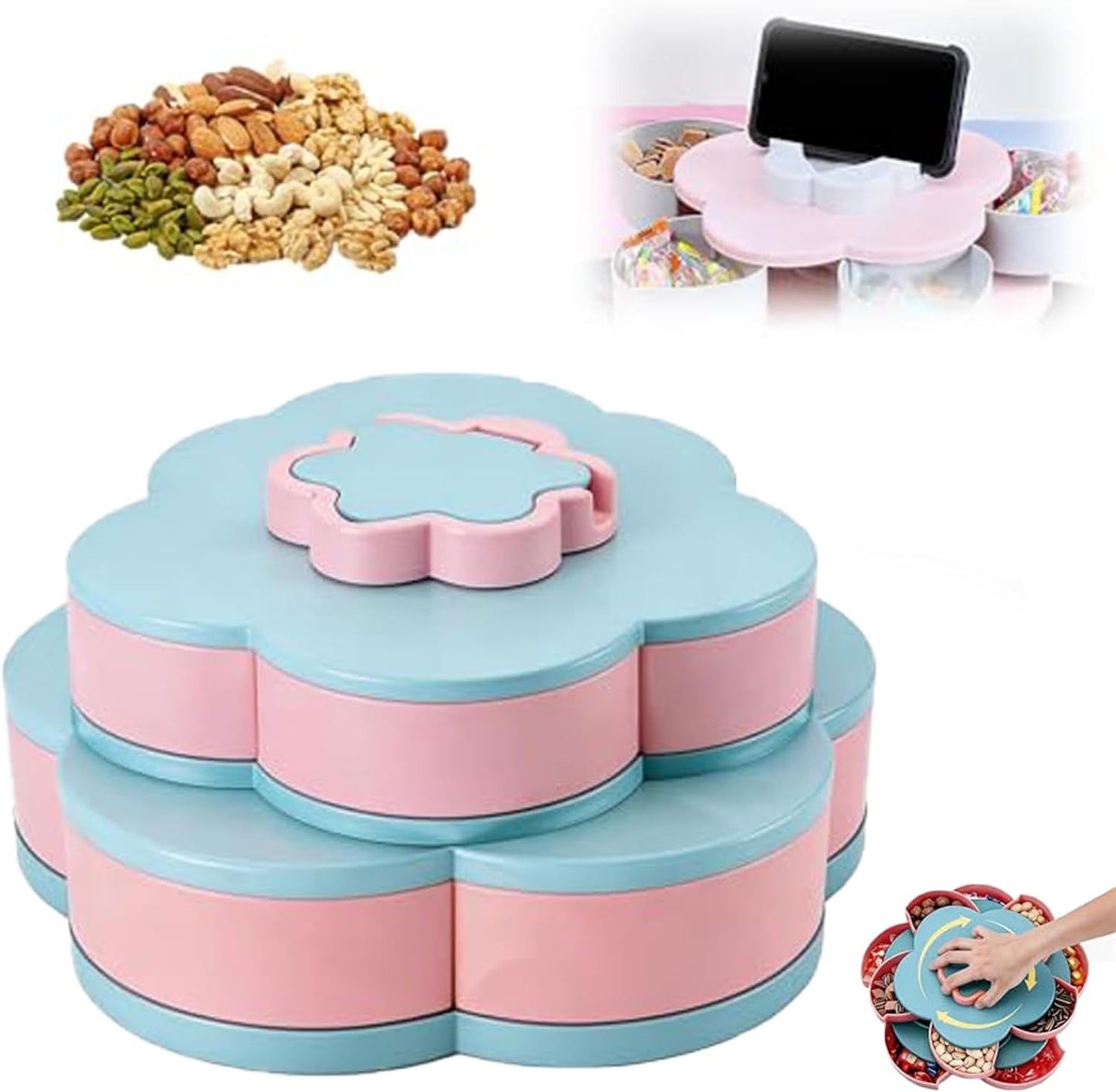 10-Grid Petal Rotating Snack Tray with Lid, Portable Divided Snackle Box Container for Party, Picnic and Camping, 360° Smooth Spinning Fruit Platter for Nuts, Fruits and Candy (C)