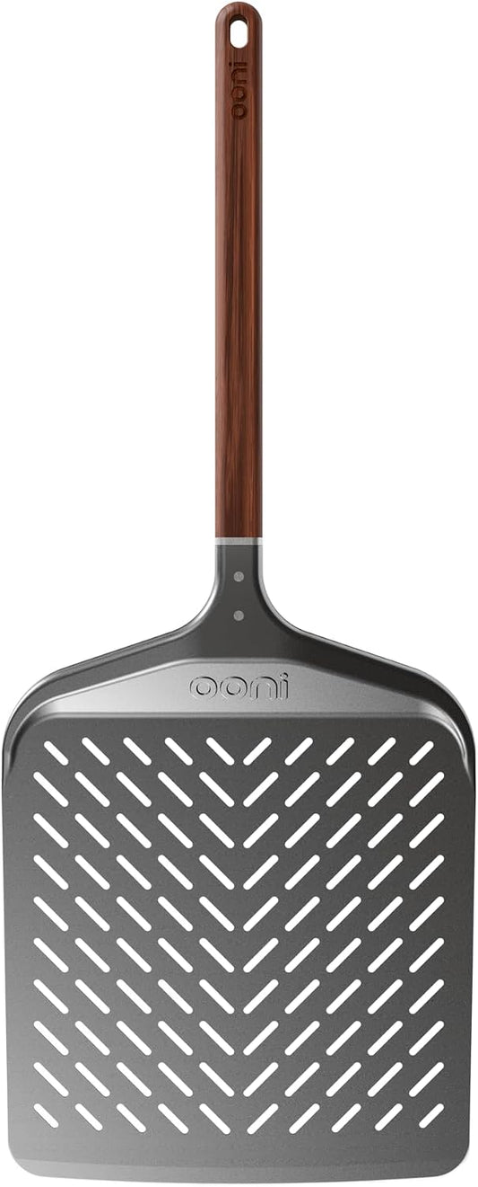 ooni 12” Signature Perforated Pizza Peel – Anodised Aluminum Metal Pizza Peel 12 Inch With Long Walnut Wood Handle, Pizza Spatula Paddle, Pizza Oven Accessories, Pizza Tools