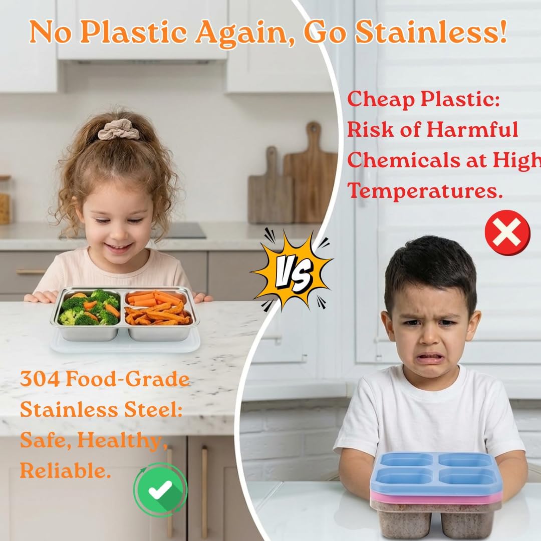 4 Pack Snack Containers for Kids, Stainless Steel Toddler Plates with Lids, 3 Compartment Food Container, Baby Plates, Stainless Steel Lunch Box for Kids, Bento Box Meal Prep Containers