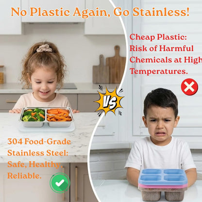 4 Pack Snack Containers for Kids, Stainless Steel Toddler Plates with Lids, 3 Compartment Food Container, Baby Plates, Stainless Steel Lunch Box for Kids, Bento Box Meal Prep Containers