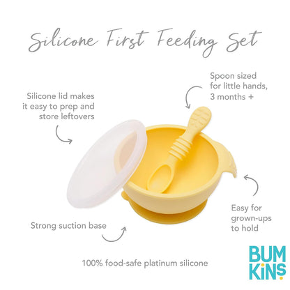 Bumkins Baby Bowl, Silicone Feeding Set with Suction for Baby and Toddler, Includes Spoon and Lid, First Feeding Set, Training Essentials for Baby Led Weaning for Babies 4 Months Up, Sage