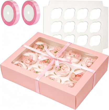 Bakepacker Auto-pop up 12 Cupcake Containers 6-Packs Brown Cupcakes Carrier, 12 Cupcake Boxes with Window 13"x10"x3.5"