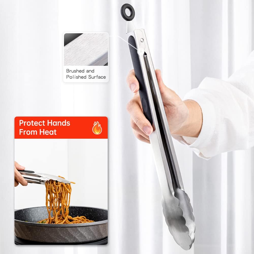Stainless Steel Tongs Set, Food Grade Stainless Steel Kitchen Tongs, Heat Resistant 600 Degrees, for Cooking, BBQ Barbecue, Grilling, Buffet, Serving (7"+9"+12")