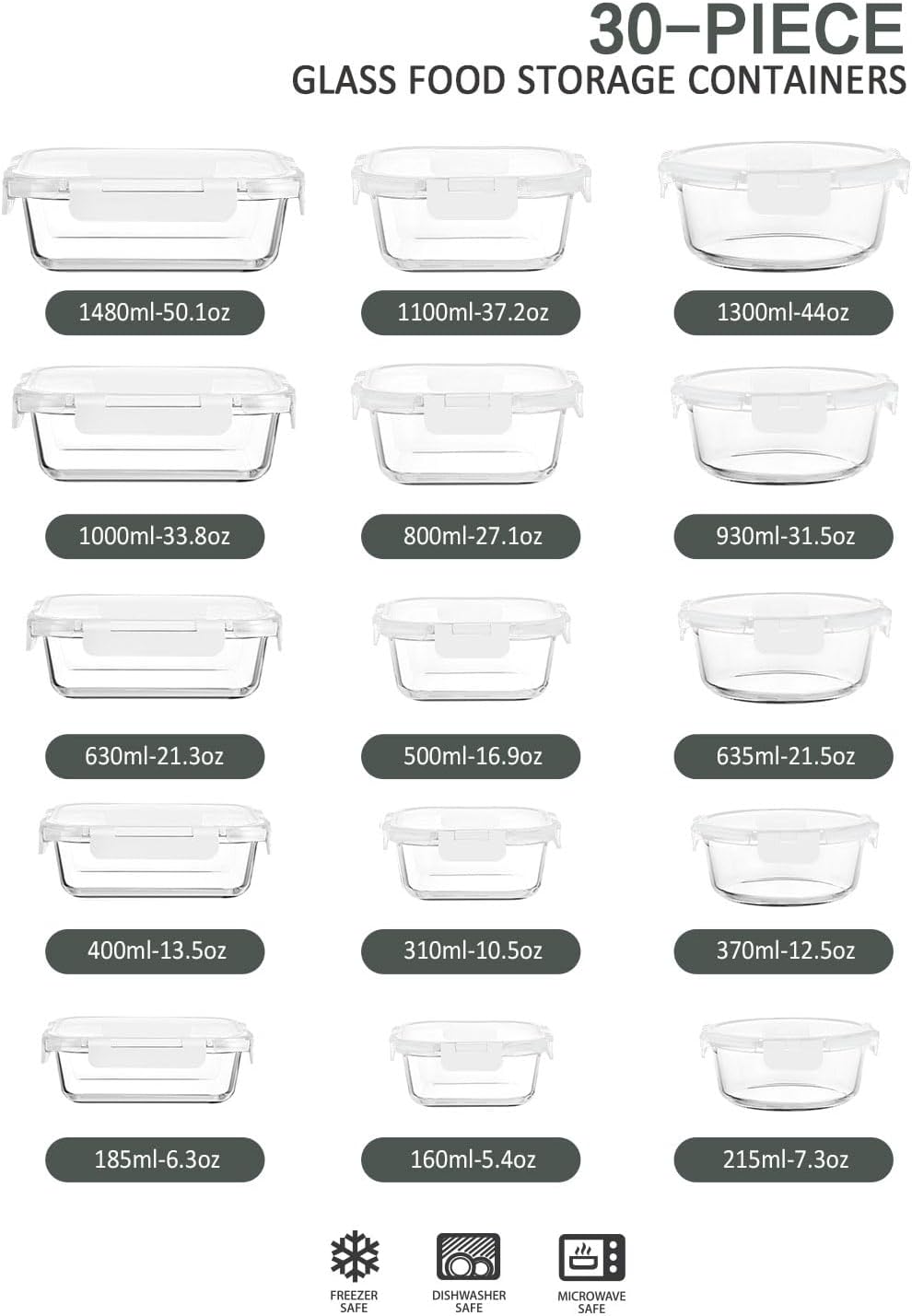 M MCIRCO 30 Pieces Glass Food Storage Containers with Snap Locking Lids,Glass Meal Prep Containers Set - Airtight Lunch Containers, Microwave, Oven, Freezer and Dishwasher