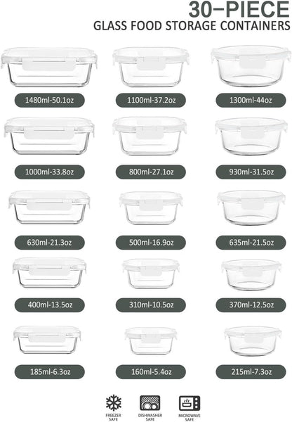 M MCIRCO 30 Pieces Glass Food Storage Containers with Snap Locking Lids,Glass Meal Prep Containers Set - Airtight Lunch Containers, Microwave, Oven, Freezer and Dishwasher