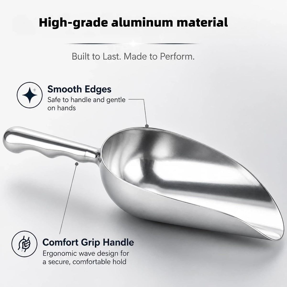 24oz Ice Cube Endurance Scoop, Cast Aluminum Shovel, Kitchen Utility Scoops With Finger Groove Handle, Ideal for Ice Cube, Coffee, Bean, Food, Candy, Flour, Popcorn Rust Free - Silver