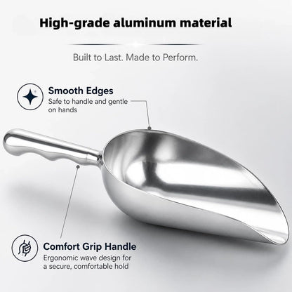 24oz Ice Cube Endurance Scoop, Cast Aluminum Shovel, Kitchen Utility Scoops With Finger Groove Handle, Ideal for Ice Cube, Coffee, Bean, Food, Candy, Flour, Popcorn Rust Free - Silver