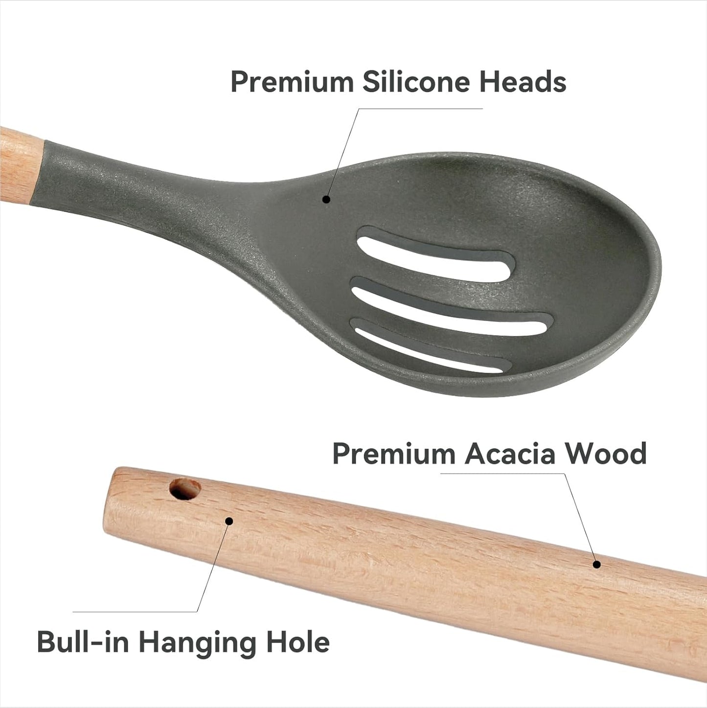 Non-Stick Silicone Cooking Utensils Set, 5 Pcs with Wooden Handle, Heat Resistant Silicone Kitchen Gadgets (Black)