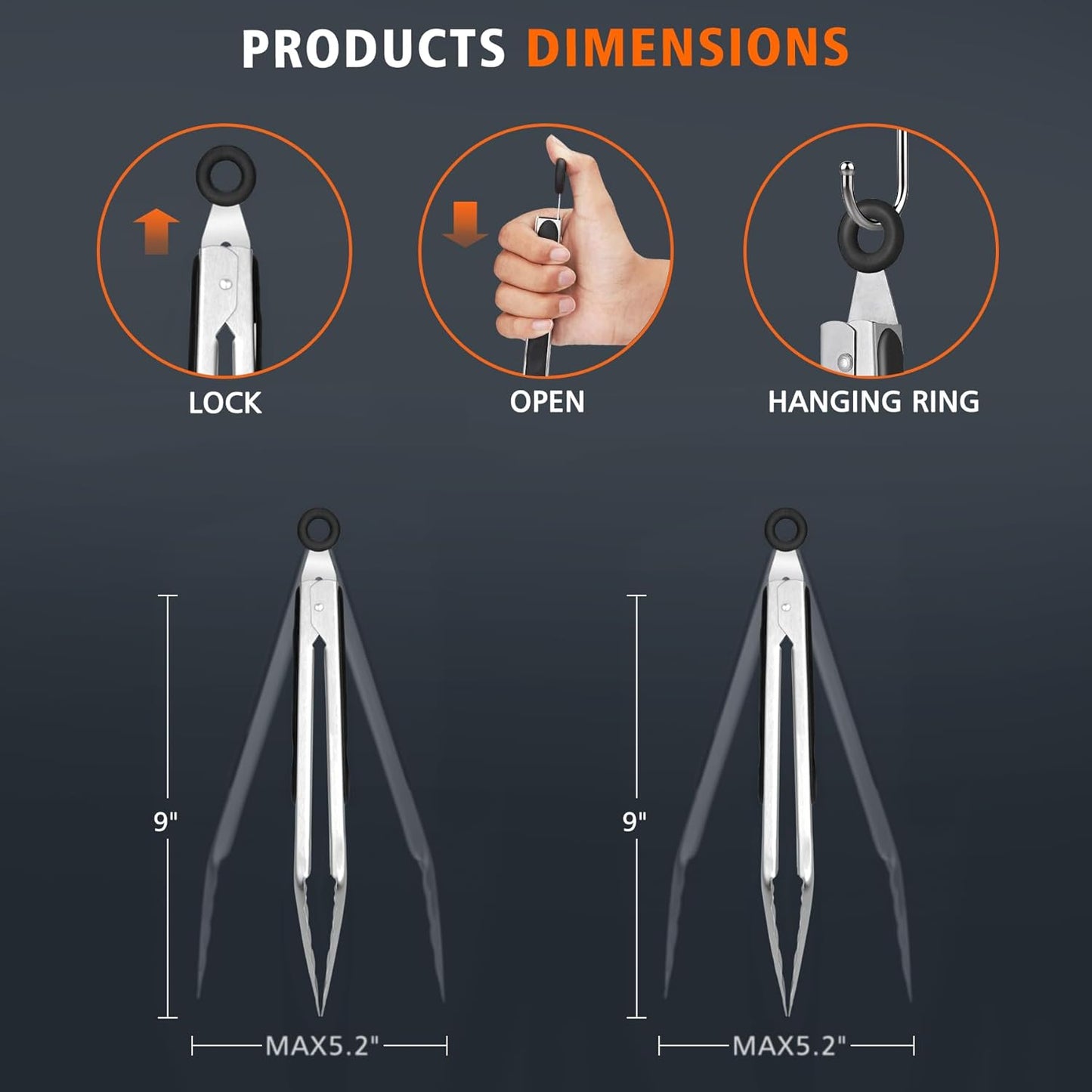 Hotec Stainless Steel Kitchen Tongs, Set of 3-7", 9" and 12", Locking Metal Food Tongs for Cooking, Serving, BBQ, Grill with Non-Slip Grip