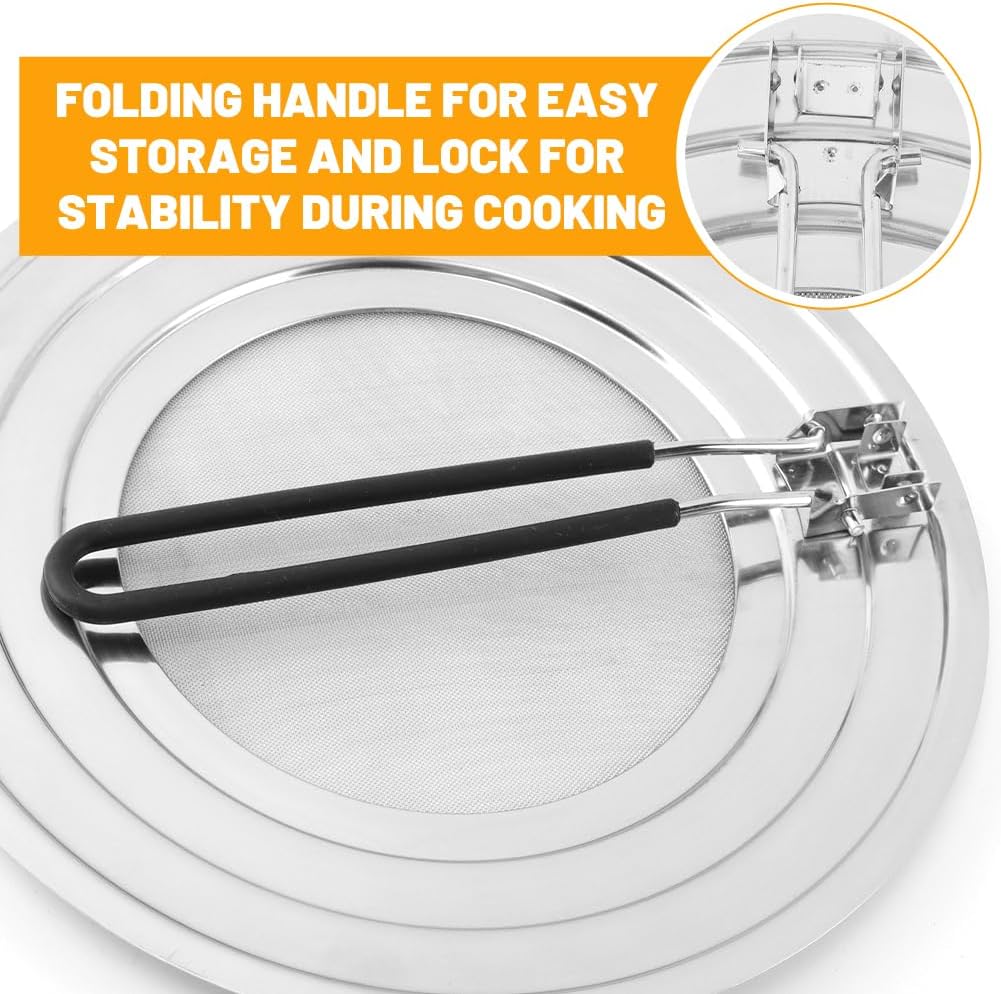 Stainless Steel Splatter Screen for Frying Pan, Collapsible Grease Splatter Guard with Folding Insulated Handle for Fry Pans, Cover Oil Splash from Bacon, Oil or Deep Fryer(SIZE:11.81inch)