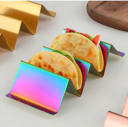 Gold Taco Holder Stand with Handles for Party, Set of 6 Stainless Steel Taco Tray, Rack Holds Up to 3 Tacos Each Stackable storage, Dishwasher Oven safe