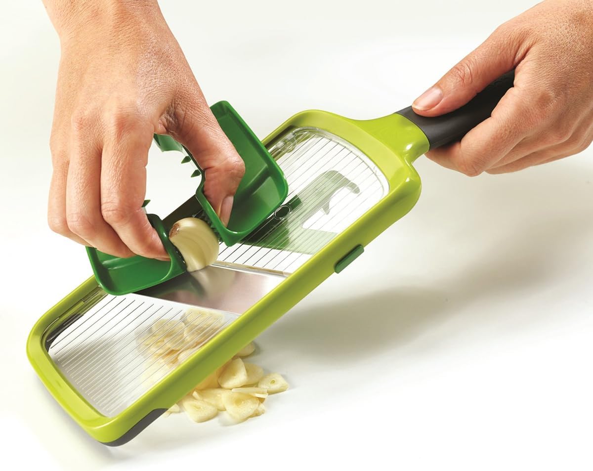Joseph Joseph Multi-Grip Hand-held Kitchen Mandoline, Fruit and Vegetable Slicer with Food Grip and Adjustable Blades, Dishwasher Safe