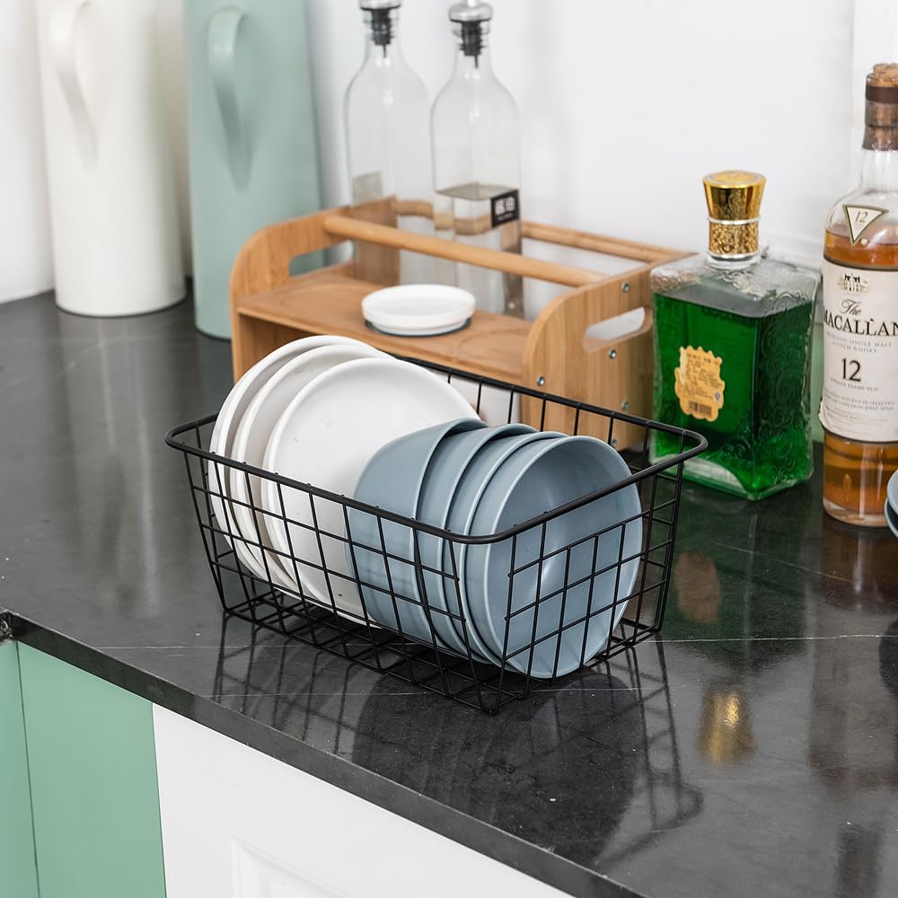 JUNCHU CHERRY Wire Kitchen Storage Basket 4 Packs,Perfect Pantry Organization Accessories Baskets,Laundry Basket,Countertop Organization,Suitable for Kitchen,Bathroom,Bedroom,Tabletop,Stackable,Chrome