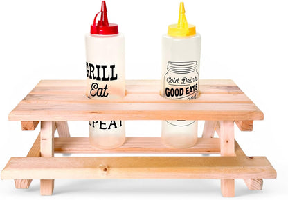 Wooden Picnic Table Condiment Caddy, Hand-Crafted Wood, 12 x 10 x 5 in, for BBQ and Outdoor Use