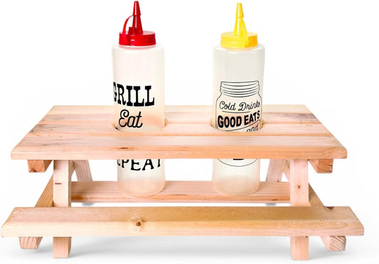 Wooden Picnic Table Condiment Caddy, Hand-Crafted Wood, 12 x 10 x 5 in, for BBQ and Outdoor Use