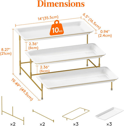 Lifewit 3 Tier Serving Tray for Party, 36 x 17 cm/14 x 6.5 Plastic Serving Platters, White Tiered Tray Stand with Gold Collapsible Metal Stand, Decorative Dessert Table Display Set for Buffet