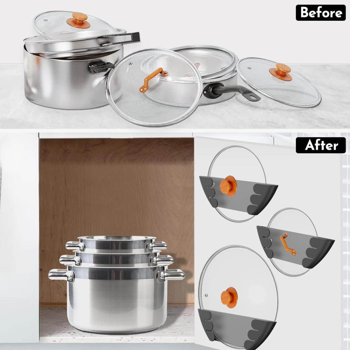 Universal Pot Lid Organizer for Cabinet - Upgraded Patented Niceyos Inside Cabinet Door Wall Mount Pan Top Storage Organizer Rack Holder for Kitchen, Fits 6" to 13" (Black)