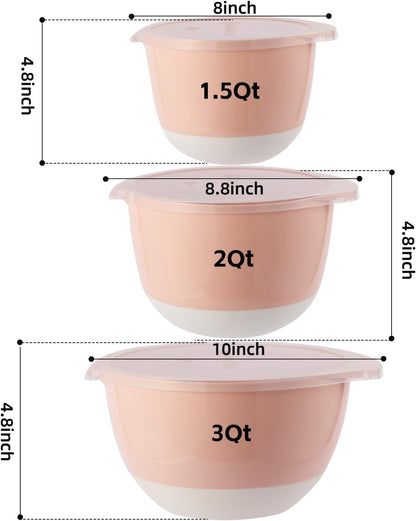 3 Plastic Mixing Bowls with Lids,Pour Spout,TPR Bottom,Mixing Bowl Set,Deep Nesting Small Batter Bowl for Serving,Prep,Baking,Non Slip,Dishwasher Safe,Easy to Grip/Spout,Pale Blue
