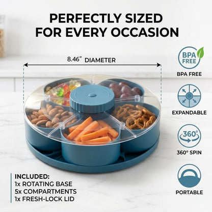 Divided Serving Tray that Spins with Lid, 5-Compartment Rotating Snack Container & Snackle Box, Lazy Susan Veggie Fruit Tray Organizer for Party Appetizers, Travel, Picnic (1PCS Gray)