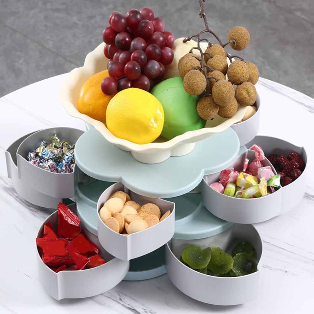 EUBUY Snack Storage Box, Rotating Candy Box Petal Shape Food Snack Storage Box, Food Fruit Storage Box, Double Deck Petal Shaped Platter for Home Party Wedding
