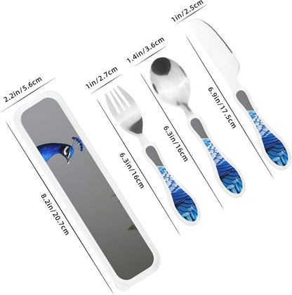 3-Piece Kids Silverware Set With Storage Case, Stainless Steel Reusable Children Safe Knife Spoon Fork Set Chinese Celadon Peacock Children Flatware Set For Kids Lunch Box