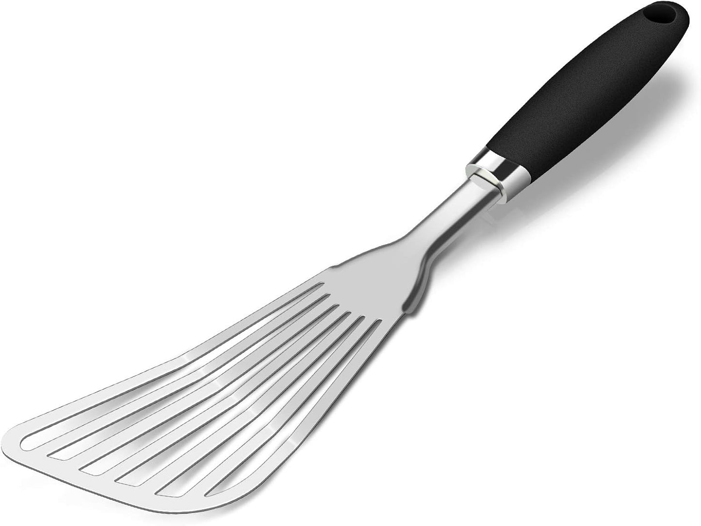 304 Stainless Steel Fish Spatula, Thin Flexible Slotted Turner | Non-Slip Ergonomic Handle, Metal Spatula for Fish, Eggs, Burgers, Cast Iron & Griddle, Black