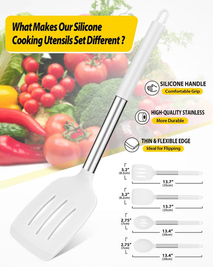 Pack of 4 Silicone Cooking Utensils Set, Non Stick Large Solid Spatulas, Heat Resistant Black Slotted Spoons, Ideal BPA Free Kitchen Turners for Frying, Mixing,Serving,Draining,Turning,Stirring