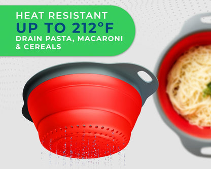 Comfify Ultimate Kitchen Strainers Set of 2 - Collapsible Silicone Colanders For Easy Storage - Use with Pasta & Veggies or as a Fruit or Berry Bowl with Strainer - Irreplaceable for Campers - Red