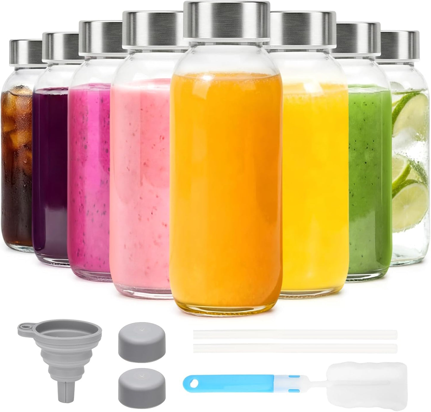 Glass Juice Bottles with Lids 10 oz, 6 Pack Reusable Small Glass Bottles with Stainless Steel Caps & Straws, BPA-Free Leak proof Juice Bottle Containers for Juicing, Milk, Smoothies & Fridge