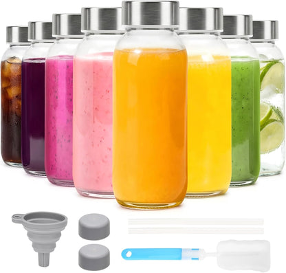 Glass Juice Bottles with Lids 10 oz, 6 Pack Reusable Small Glass Bottles with Stainless Steel Caps & Straws, BPA-Free Leak proof Juice Bottle Containers for Juicing, Milk, Smoothies & Fridge