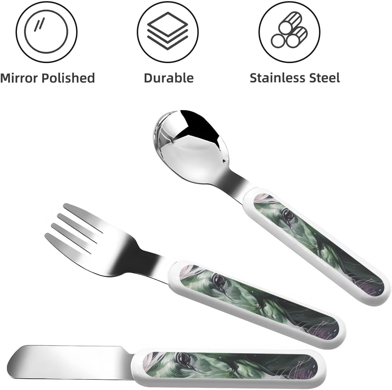 3-Piece Children Utensils Set Green Horse Knife Spoon Fork Set Stainless Steel Silverware Set Easy-Grip Reusable Utensils Set Child Flatware Set with Case for Lunch Travel