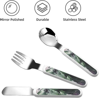 3-Piece Children Utensils Set Green Horse Knife Spoon Fork Set Stainless Steel Silverware Set Easy-Grip Reusable Utensils Set Child Flatware Set with Case for Lunch Travel
