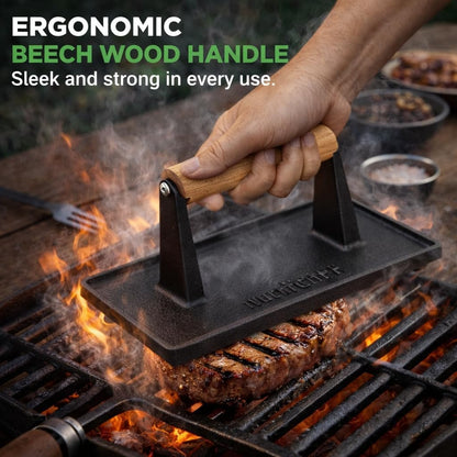 NutriChef Cast Iron Weight Grill Press – Heavy-Duty Griddle Press with Wooden Handle for Steak, Burgers, Bacon & Sandwiches, Creates Perfect Grill Marks