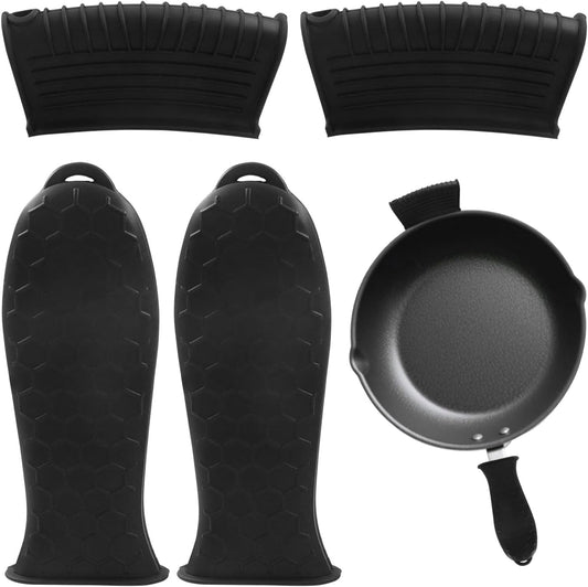 4 PCS Silicone Hot Handle Holder Cover - Heat Resistant Silicone Handle Covers for Cast Iron Skillets, Pans & Pots - Non-Slip Grip(Black)