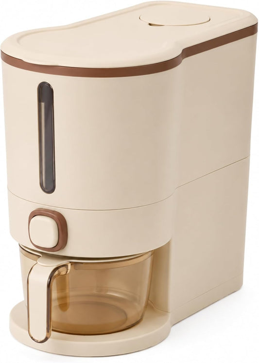 ROOM127 Slim Rice Dispenser 11 Lbs, Airtight Rice Storage Container with Measuring Cup, One-Touch Dry Food & Cereal Dispenser with Clear Window for Kitchen Countertop, Milk Tea Brown