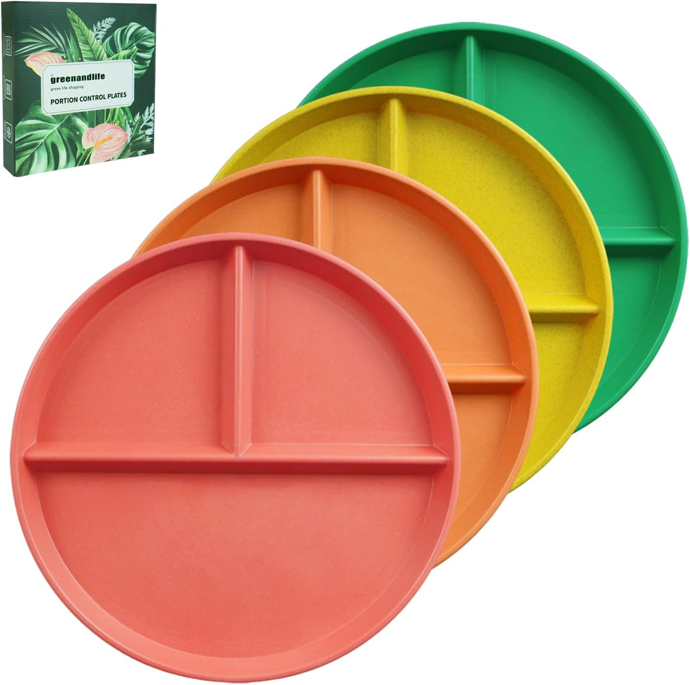 greenandlife 9 Inch 4PCS Portion Control Plates with Lids, Divided Plates for Kids Adults, Dishwasher Microwave Safe Compartment Plate, Unbreakable Lightweight Reusable Wheat Straw Plate, Earth Tone