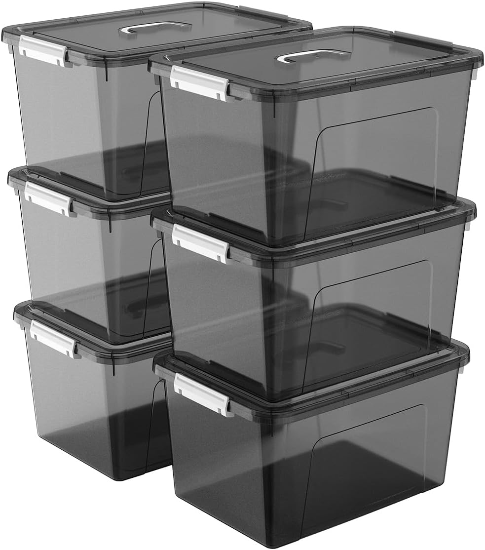 6 Quart Stackable Plastic Storage Bins with Lids, 6 Pack Clear Black Small Organizer Boxes with Latches for Bathroom, Pantry, Office Desk and Small Item Storage