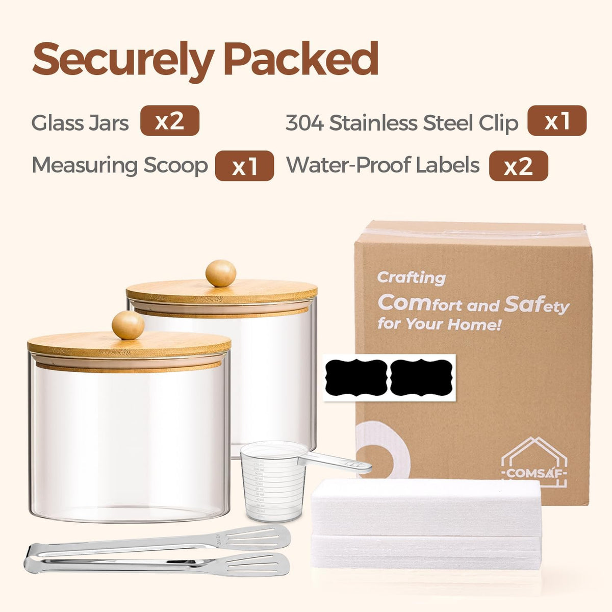 ComSaf Glass Storage Jars with Bamboo Lids 4.6 Qt 2 Pack Large Wide Mouth | Pantry organization, Flour Sugar Coffee Beans, Pasta Cereal Dry Food, 1.2 Gallon, Cabinet Organization, Dry Food Storage