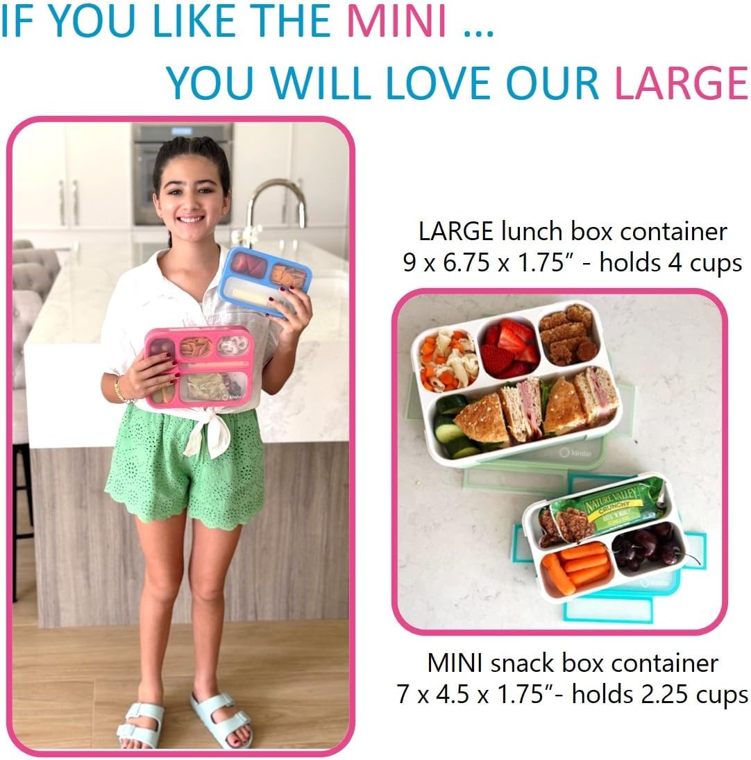 Small Snack Containers for Kids Toddlers - 3 Compartments (Set of 2) - Leak-Proof Reusable Boxes with Lids - BPA-Free Plastic Mini Bento Lunch Box - Holds 2 Cups Capacity (Pastel Blue+Teal Sparkle)