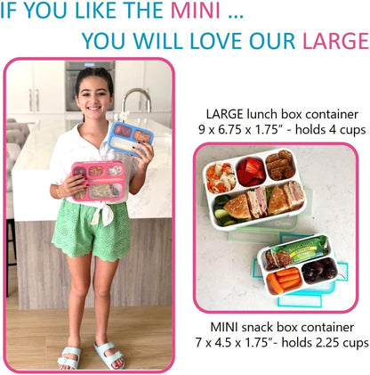 Small Snack Containers for Kids Toddlers - 3 Compartments (Set of 2) - Leak-Proof Reusable Boxes with Lids - BPA-Free Plastic Mini Bento Lunch Box - Holds 2 Cups Capacity (Pastel Blue+Teal Sparkle)