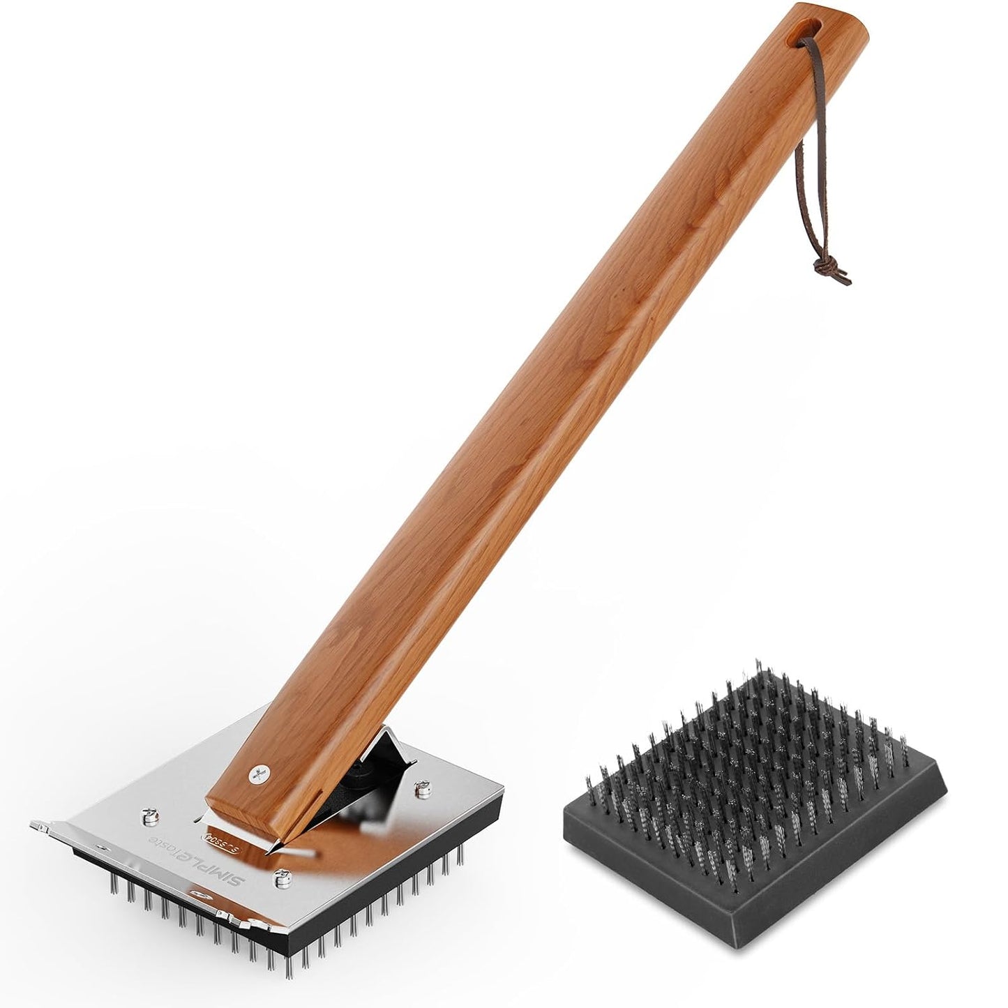 SIMPLETASTE Grill Brush and Scraper for BBQ, Durable & Effective, Replaceable Stainless Steel Head, Wooden Handle Wire Grill Brush for Outdoor Grill, Barbecue Accessories