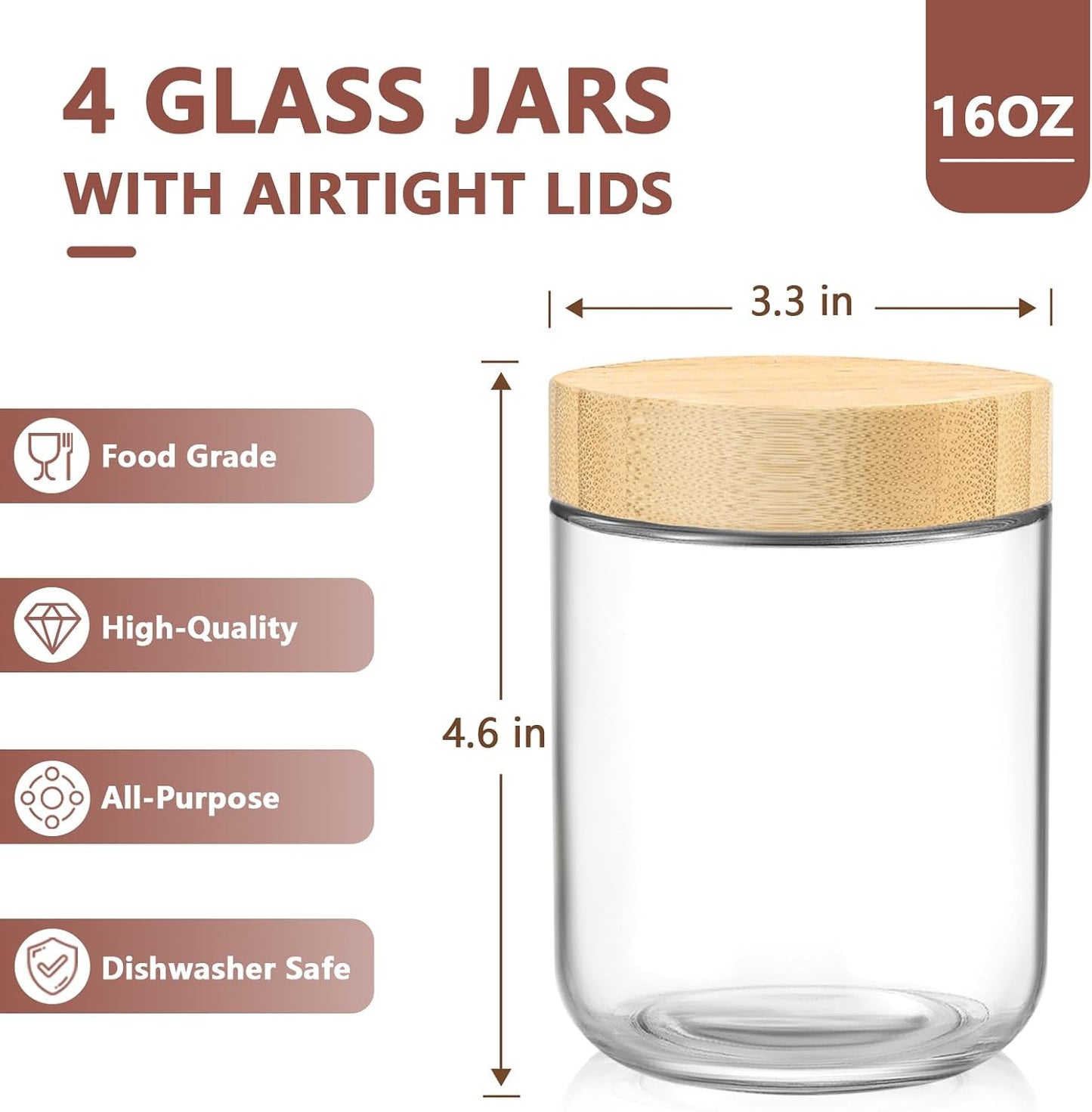 DRKIO 10 Oz Overnight Oats Containers with Bamboo Lids - 4 Pack Glass Storage Jars with Airtight Lids Wide Mouth Mason Food Jars Great for Meal Prep Salad Chia Pudding Snacks Yogurt Sugar Spice