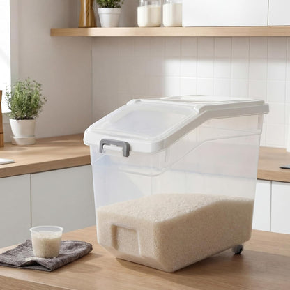 Sunnyray 4 Pcs Rice Storage Container 22 lb Airtight Flour Container with Wheels Measuring Cup Clear Pet Food Cube Dog Cat Birds Food Bin Grain Cereal Organizer Box for Dry Baking Supplies(White Lid)