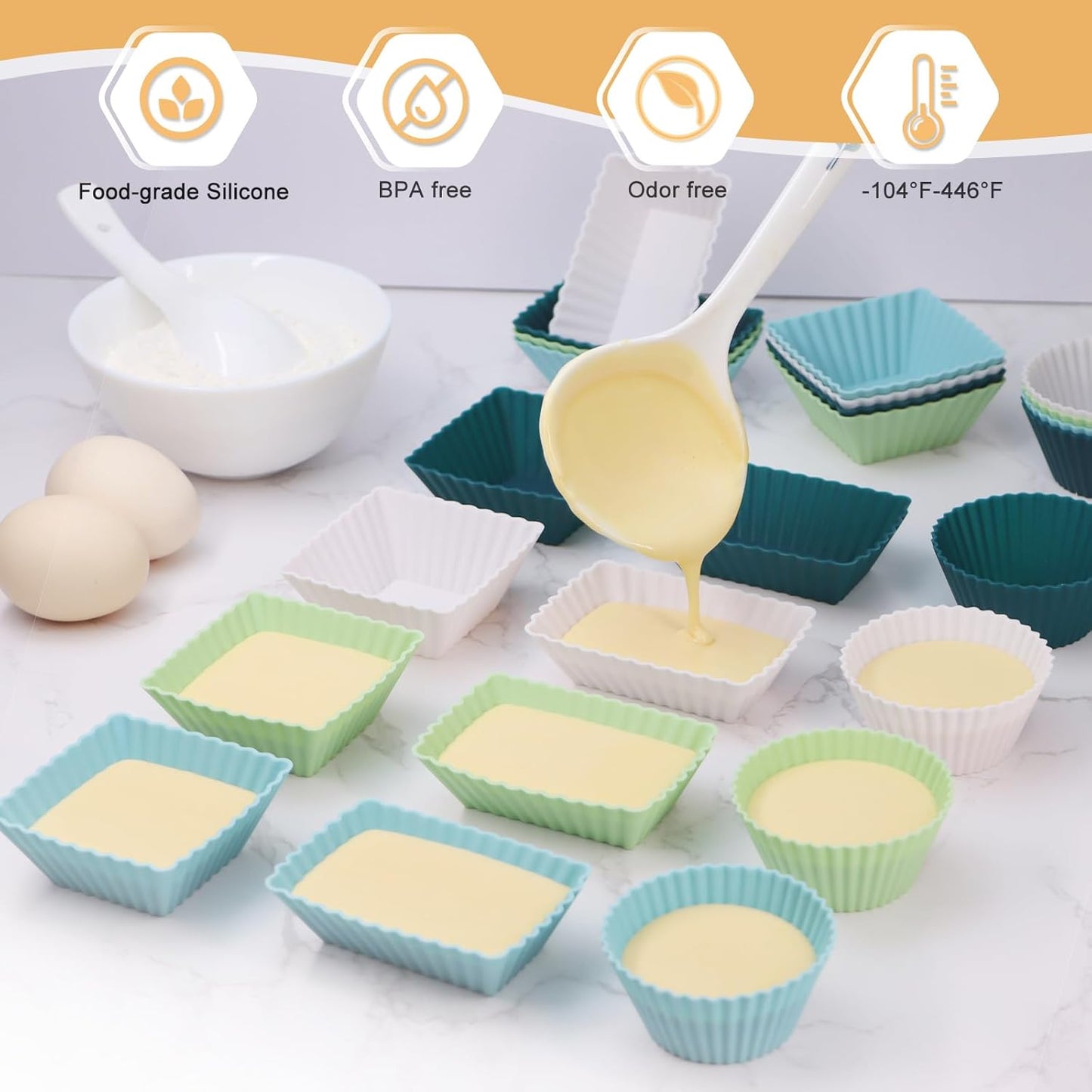 24Pack Silicone Muffin Cups, Reusable Cupcake Liners Molds for Baking, 3 Shapes Lunch Box Bento Dividers-Round, Square, and Rectangular (Orange Series, Regular Size)